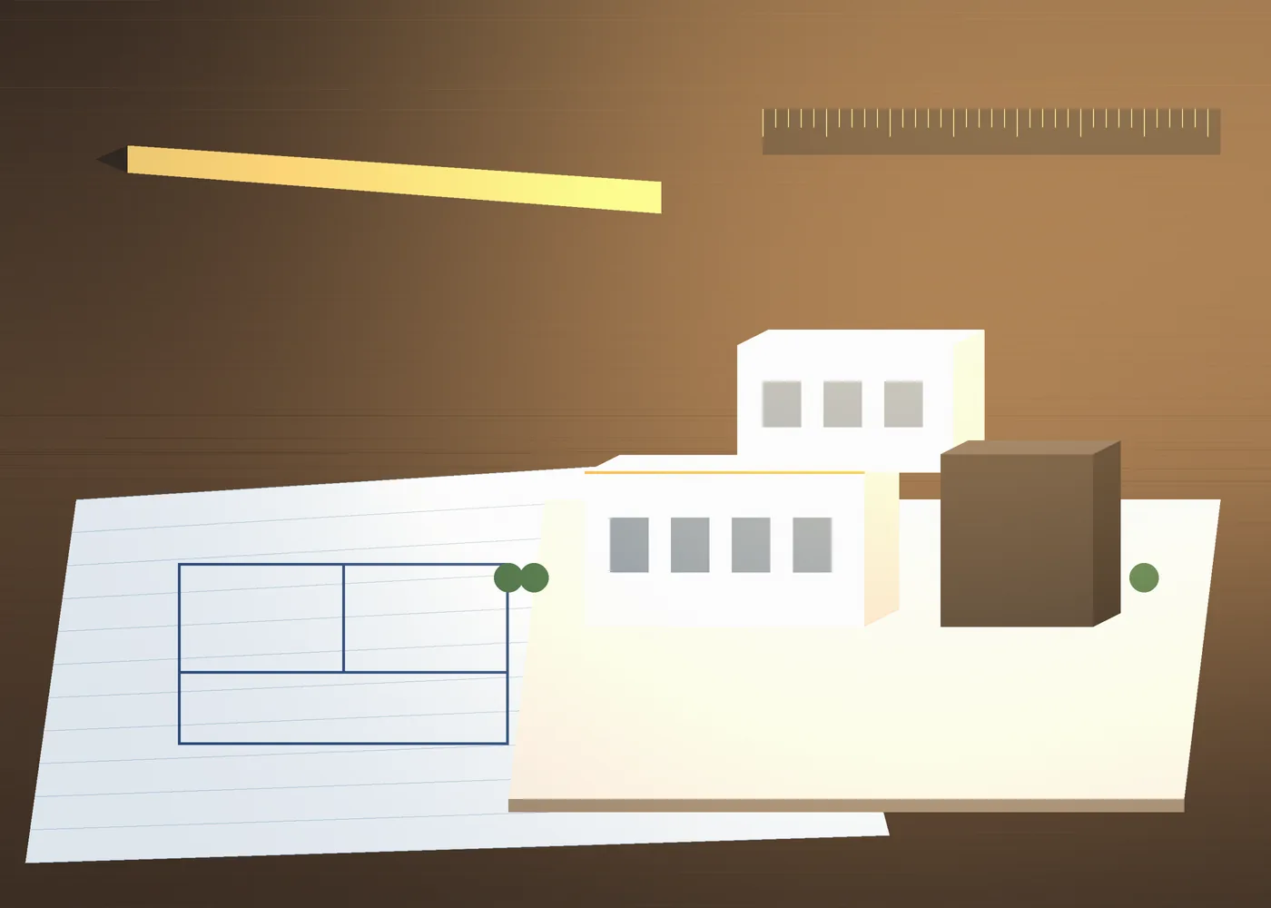 Scale architectural model beside floor plans and drawing tools on a desk (illustrative render)
