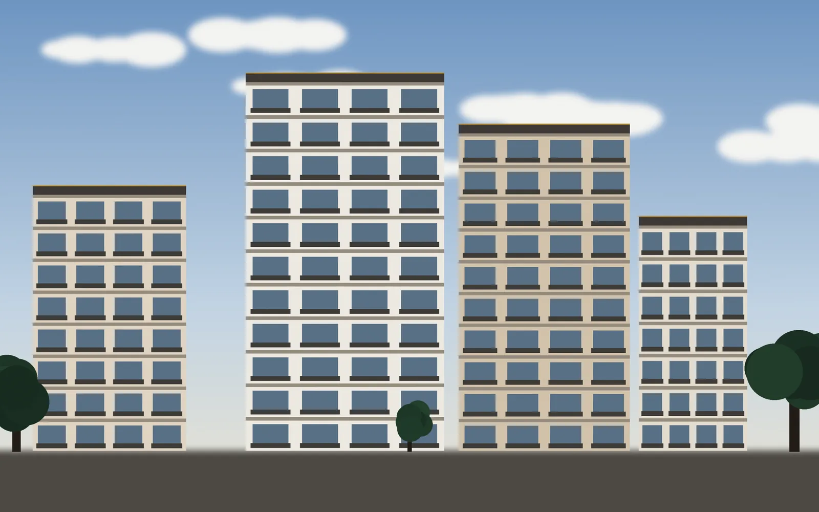 Modern apartment blocks with balconies under a daytime sky (illustrative render)