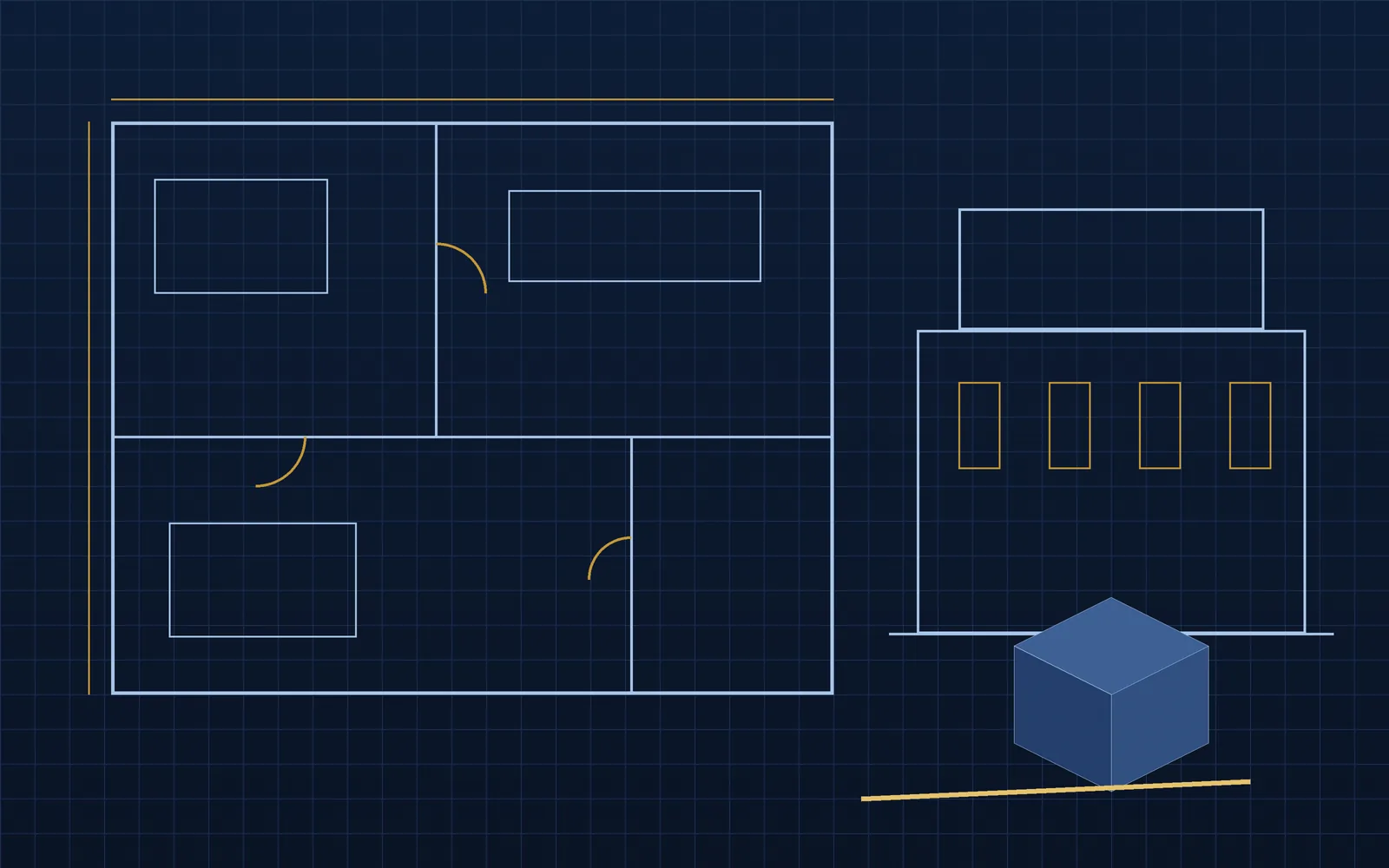 Architectural floor plan, elevation and 3D massing study on a blueprint grid (illustrative render)