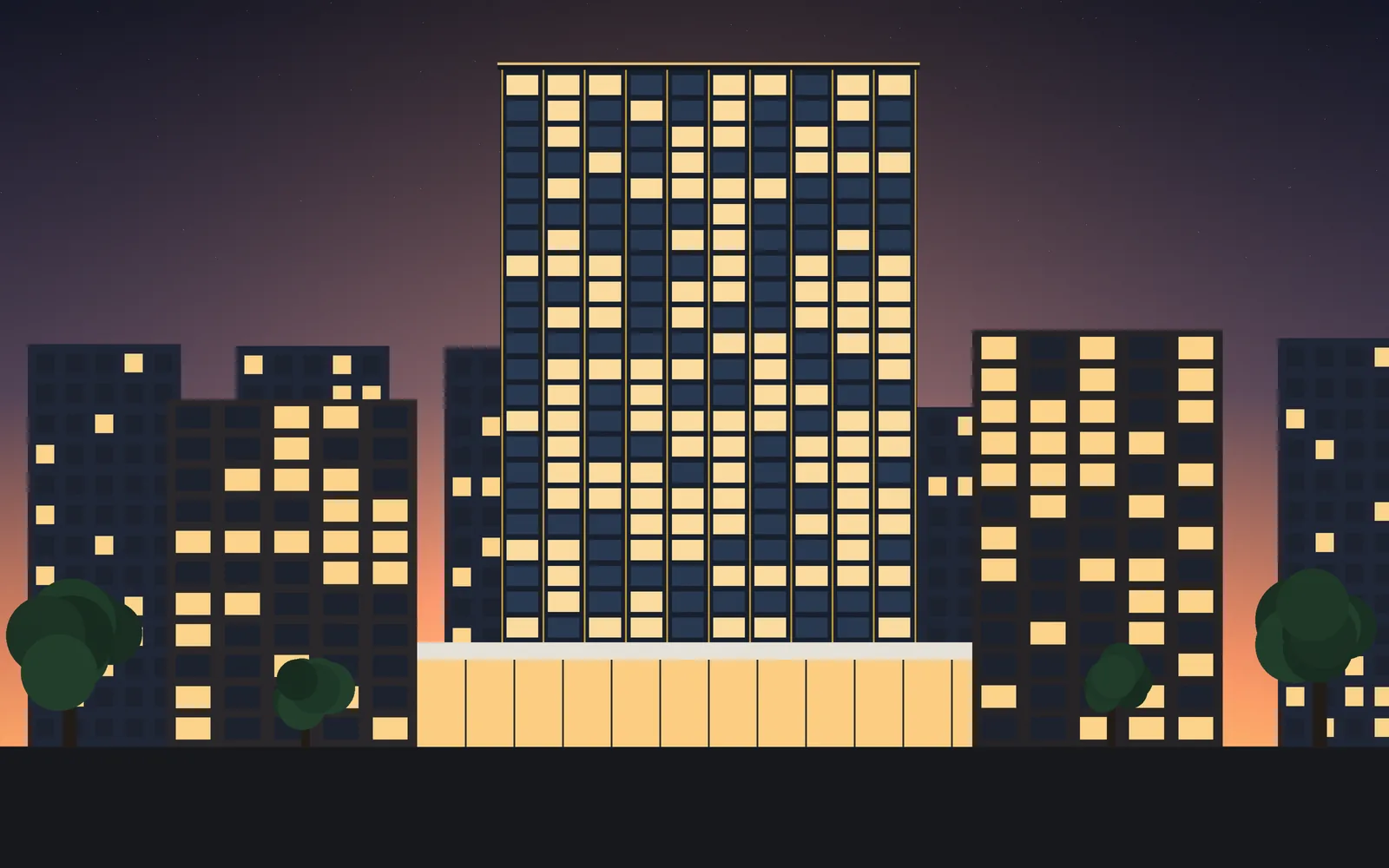 Glass commercial tower at dusk, used as a background (illustrative render)