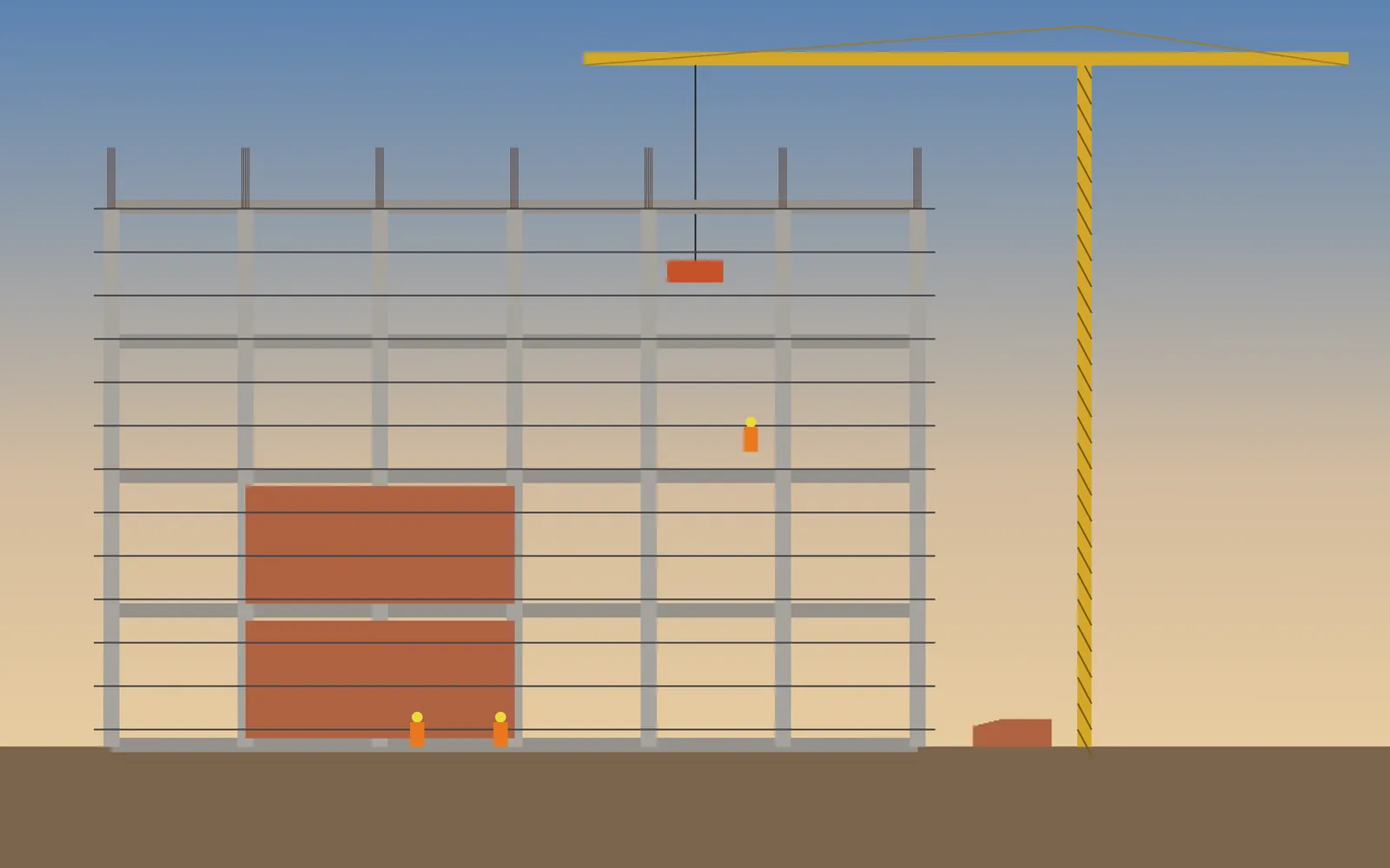 Reinforced concrete frame under construction with tower crane (illustrative render)
