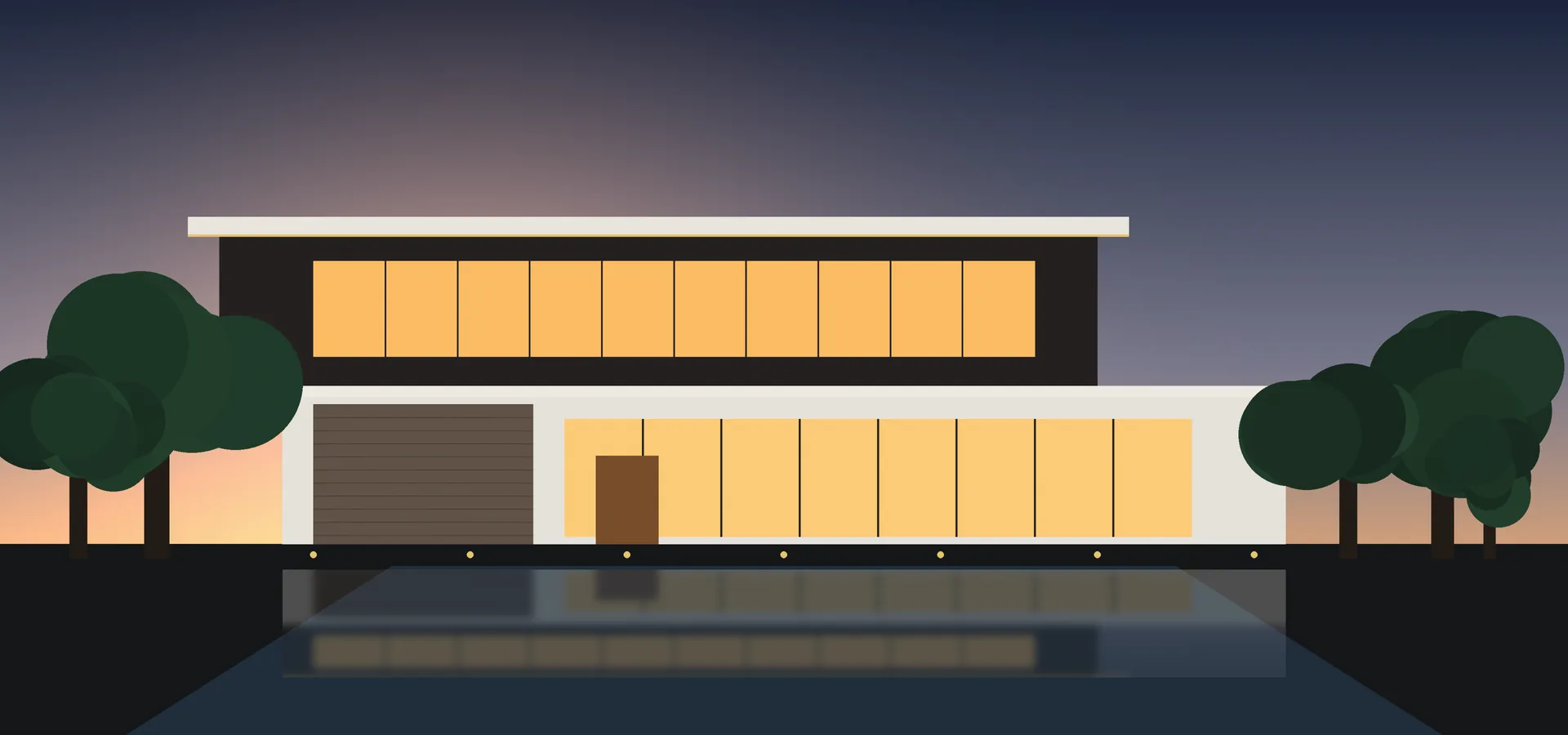Modern villa silhouette at dawn used as a page banner (illustrative render)