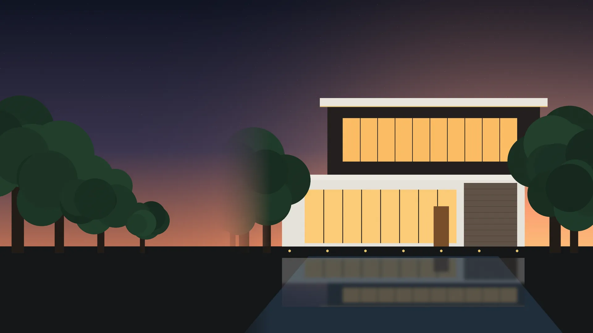 Contemporary luxury villa glowing at dusk beside a reflecting pool (illustrative render)