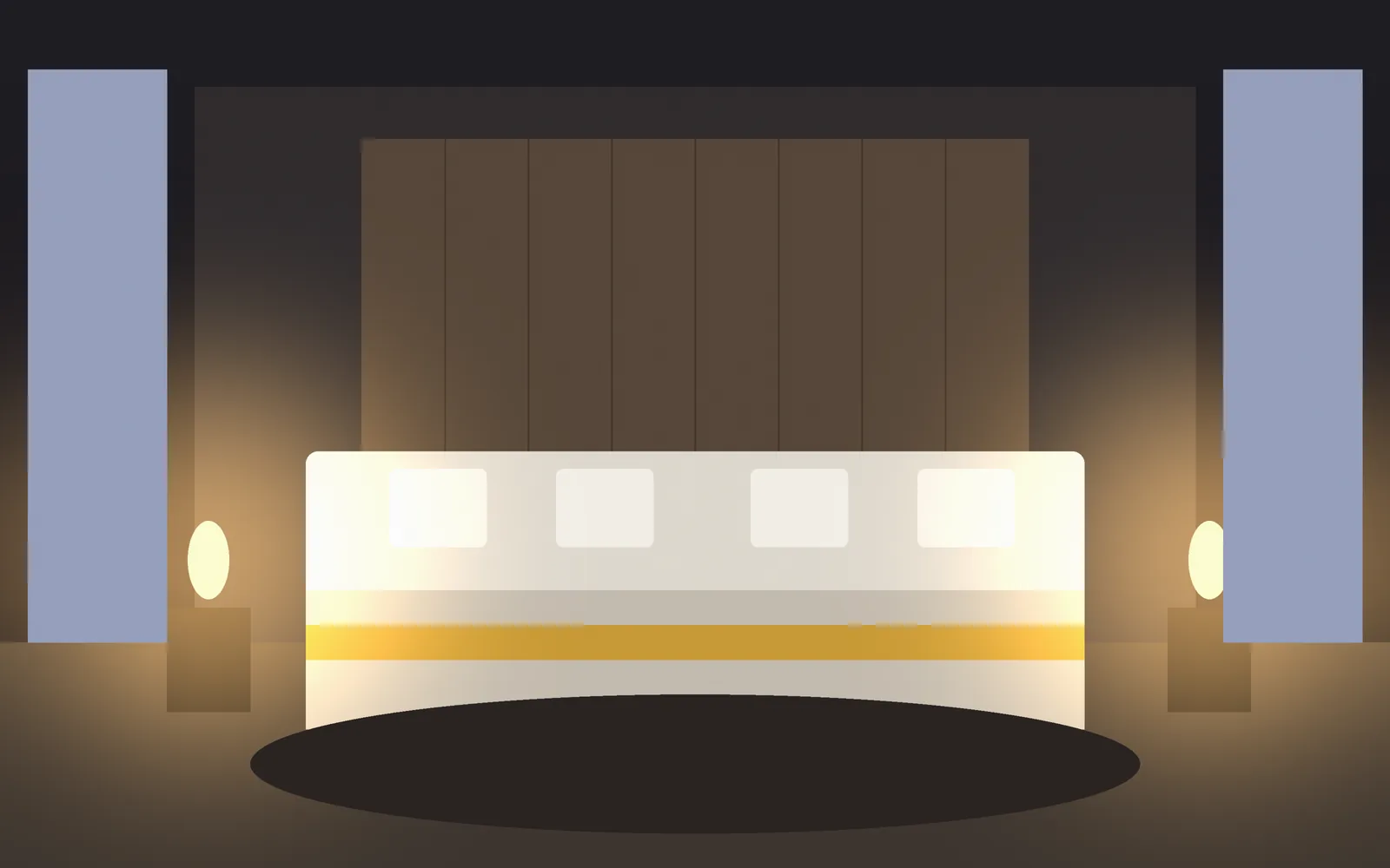 Luxury master bedroom with panelled headboard wall and bedside lamps (illustrative render)
