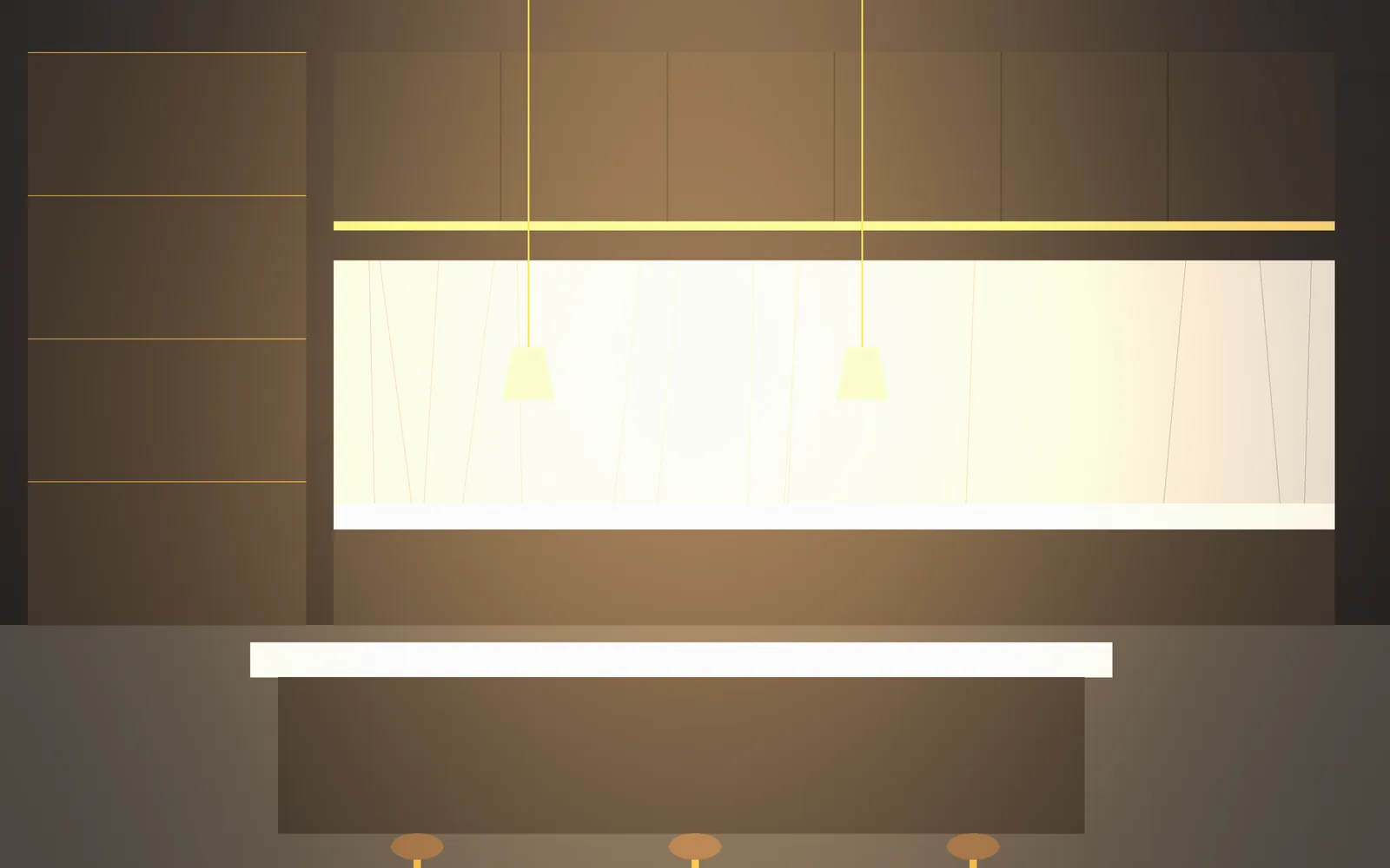 Modern kitchen with marble backsplash, dark cabinetry and brass pendants (illustrative render)