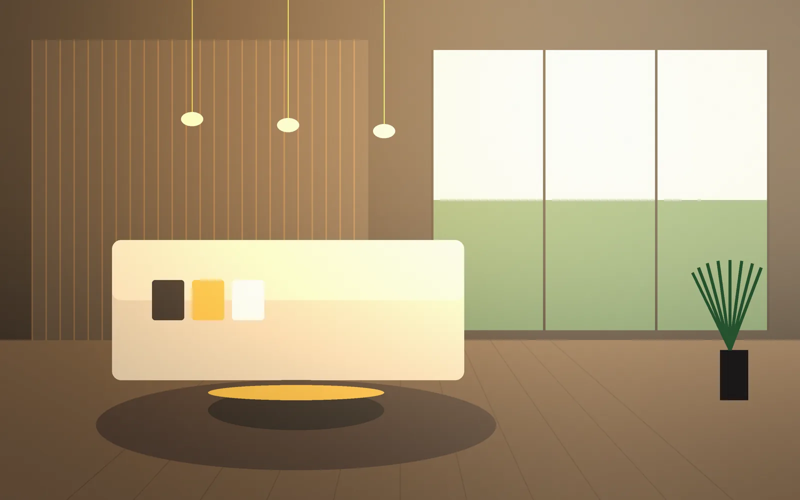 Luxury living room with timber panelling, pendant lights and garden view (illustrative render)