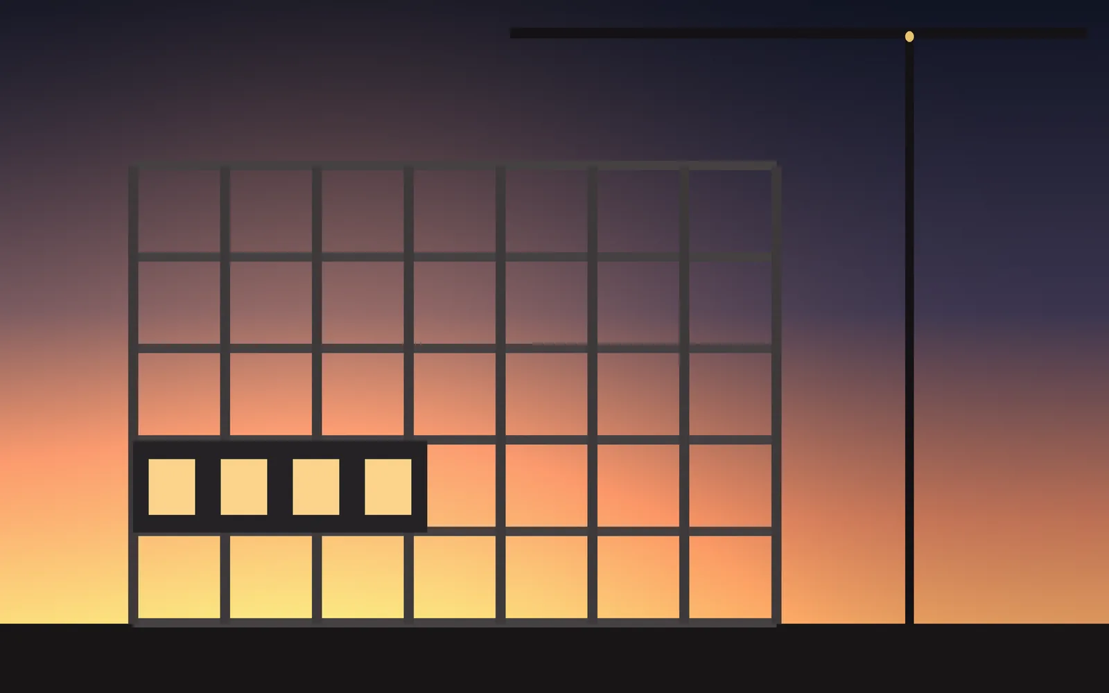 Reinforced concrete frame at dusk with a tower crane (illustrative render)