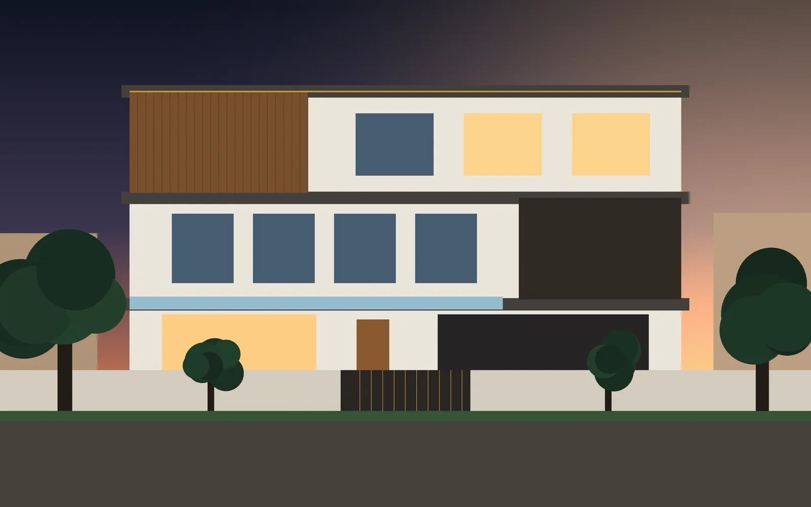 Three-storey family home with timber accent facade at dusk (illustrative render)