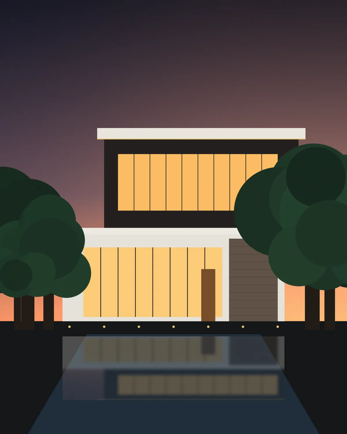 Modern two-level villa reflected in a pool at dusk (illustrative render)
